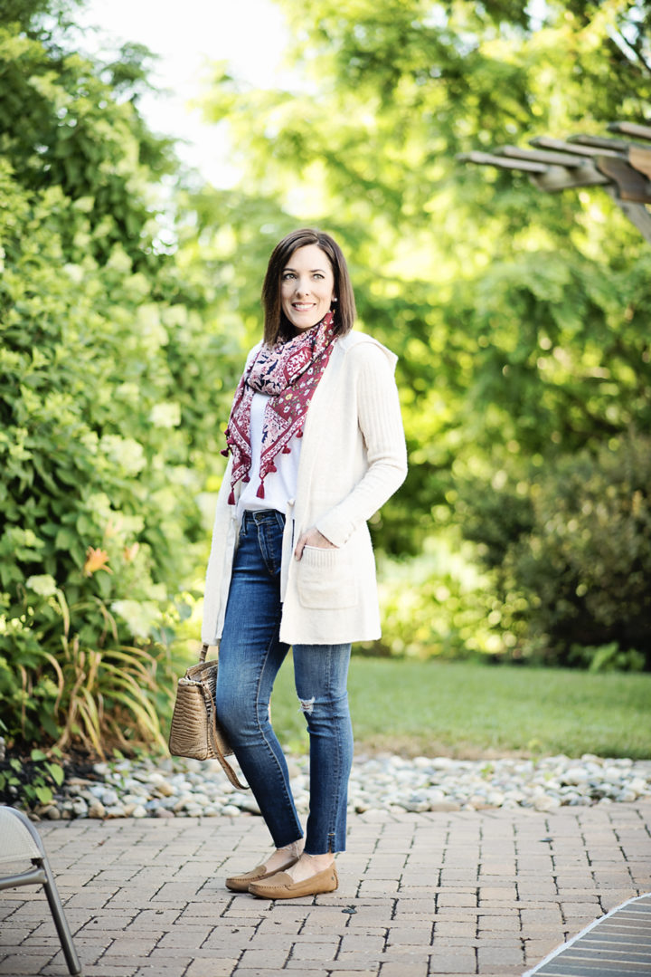 Sharing some of my favorite fall wardrobe basics for women over 40 including a cozy cardigan, classic white t-shirt, dark wash skinny jeans, and loafer drivers.