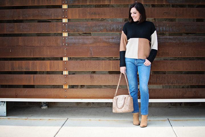 Jo-Lynne Shane showing how to wear straight cropped jeans this fall with ankle boots and a cropped colorblock sweater from the Nordstrom Anniversary Sale.