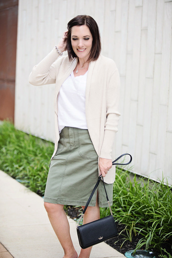 Jo-Lynne Shane wearing a transitional olive cargo skirt outfit two ways -- for now and later! Also featuring the popular Leith ribbed shawl cocoon sweater from the #NSale.