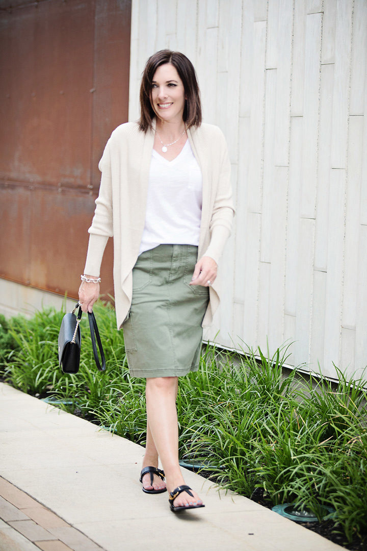 Jo-Lynne Shane wearing a transitional olive cargo skirt outfit two ways -- for now and later! Also featuring the popular Leith ribbed shawl cocoon sweater from the #NSale.