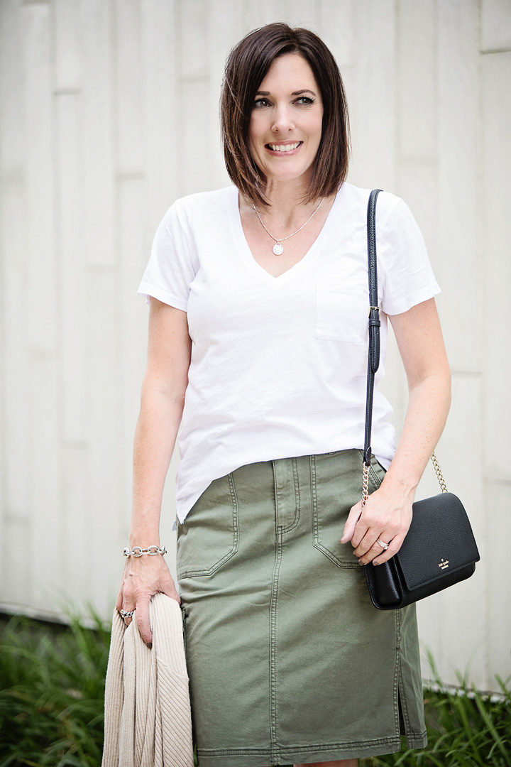 Jo-Lynne Shane wearing the Caslon twill utility skirt two ways -- for now and later!
