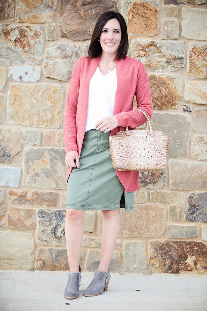 Jo-Lynne Shane wearing BP. Stitch Curve Hem Cardigan with Caslon Twill Utility Skirt and Jeffrey Campbell Vanhook Booties from the Nordstrom Anniversary Sale #ad #nordstrom #fallstyle 