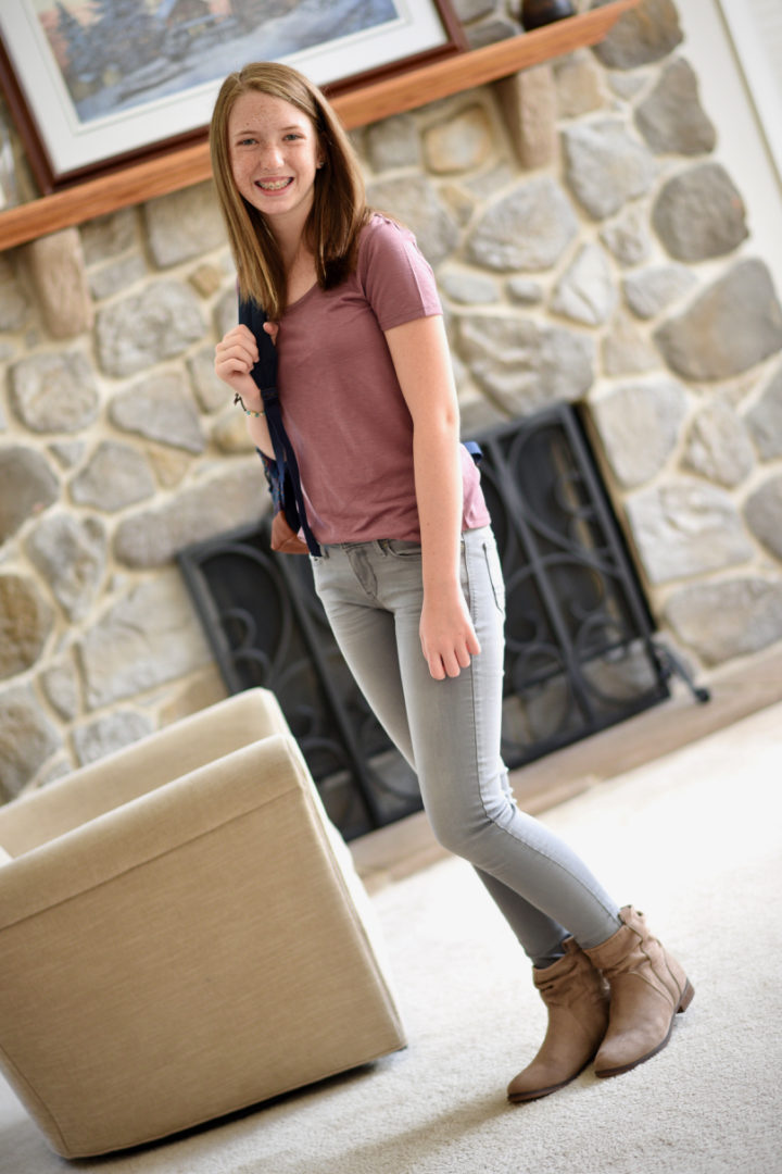 Tween Back-to-School Outfits with Kohl's: Mudd® scoopneck tee, DENIZEN from Levi's jegging jeans in Serena, SONOMA ankle boots, JanSport backpack