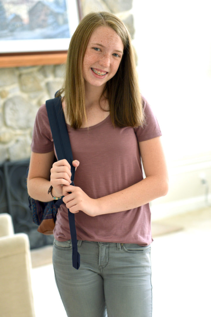 Tween School Outfit: Mudd® scoopneck tee, DENIZEN from Levi's jegging jeans in Serena, SONOMA ankle boots, JanSport backpack