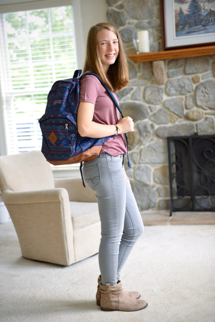 Tween School Outfit: Mudd® scoopneck tee, DENIZEN from Levi's jegging jeans in Serena, SONOMA ankle boots, JanSport backpack