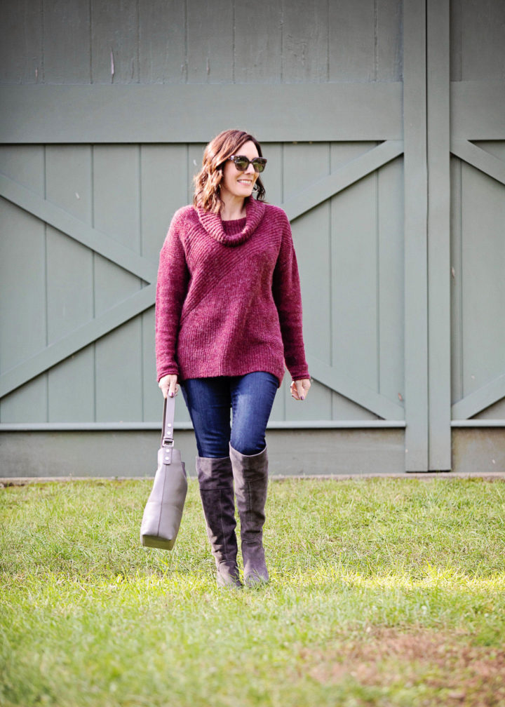 Fall Outfit Inspo: burgundy Mix Stitch Funnel Neck Sweater, Wit & Wisdom skinny jeans, grey over the knee boots, and grey leather hobo in partnership with Nordstrom