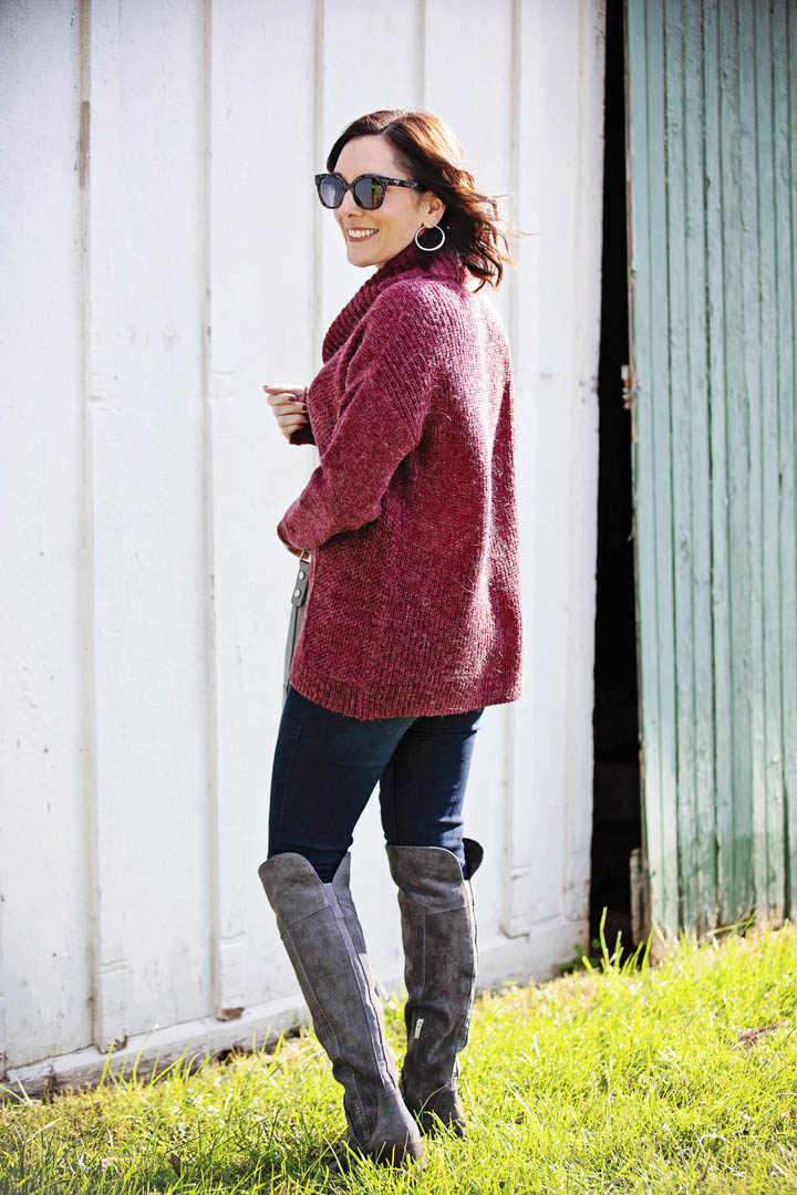 Casual Fall Outfit: Caslon Mix Stitch Funnel Neck Sweater, Wit & Wisdom skinny jeans, grey over-the-knee boots, leather hobo, in partnership with Nordstrom.