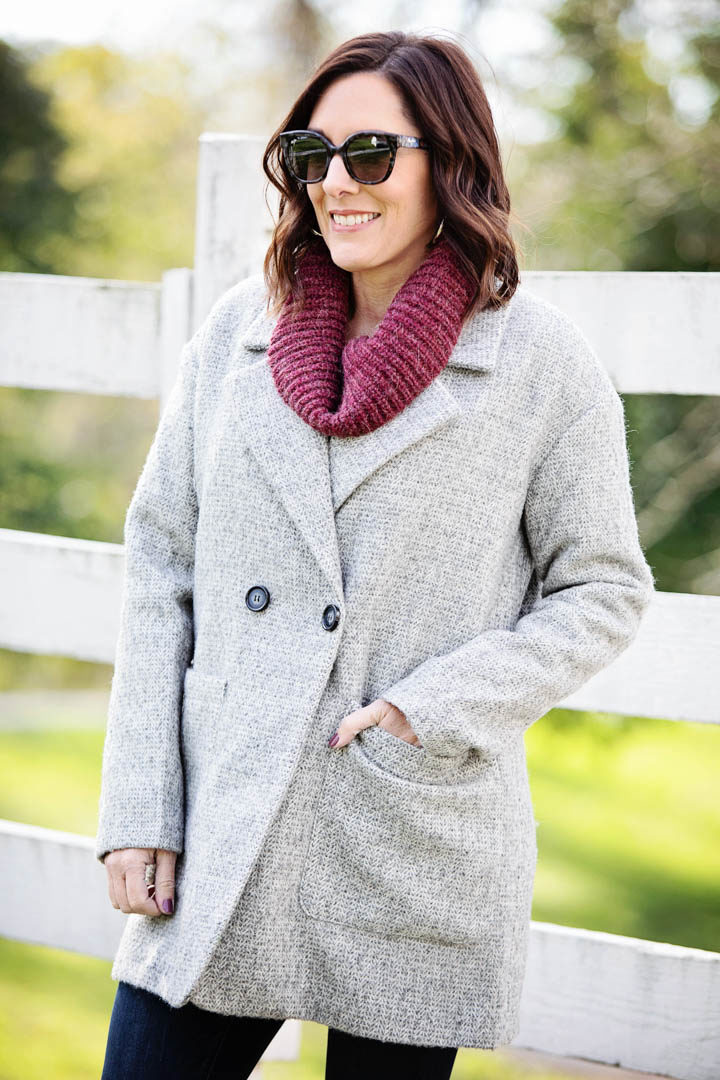 Fall Outfit Inspo: Mix Stitch Funnel Neck Sweater, Wit & Wisdom Skinny Jeans, Vince Camuto Over The Knee Boots, and AVEC LES FILLES Herringbone Wool Coat in partnership with Nordstrom