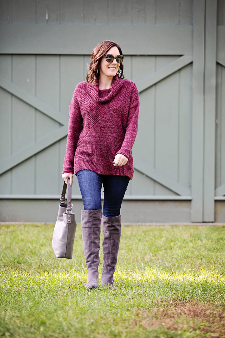 Casual Fall Outfit: Caslon Mix Stitch Funnel Neck Sweater, Wit & Wisdom skinny jeans, grey over-the-knee boots, leather hobo, in partnership with Nordstrom.