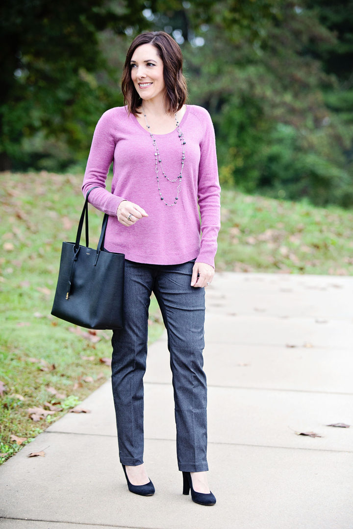 Affordable Work Wear: Loft Shirttail Hem Sweater with Dress Barn Super Classic Fit Pull-On Pants and black suede pumps | Jo-Lynne Shane