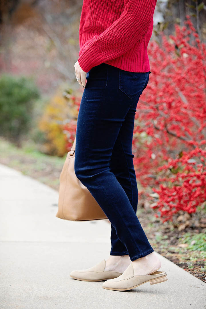 Casual Winter Outfit : Sanctuary ribbed knit sweater, Hudson Barbara skinny jeans, Splendid Nima Suede Mules with Lord & Taylor