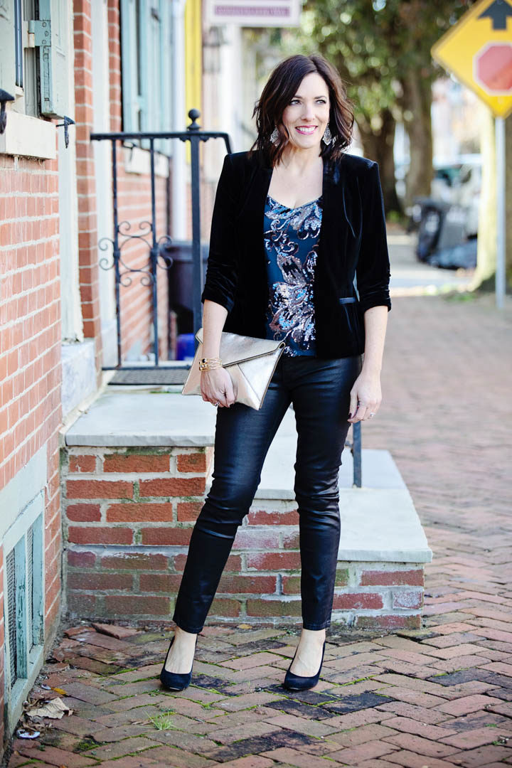 Holiday Party Look: Velvet, Sequins, & Coated Denim