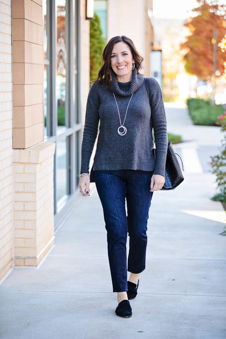Jo-Lynne Shane styling dark wash AG Prima Ankle Straight Jeans straight ankle jeans two ways -- with loafer mules and red block heel booties.
