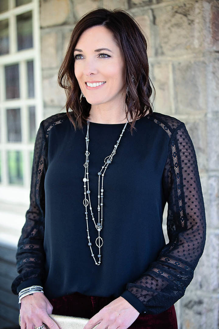 Holiday Party Velvet Jeans Outfit with LOFT lacy clip dot sleeve blouse and Stella & Dot Neve Station Necklace