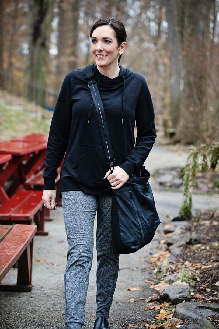 Updating my winter running gear with Nordstrom! Jo-Lynne Shane wearing Zella Favorite Hoodie, Taryn Ultrasoft Recycled Jogger Pants, and Reflective Nylon Tote Bag. #fitlife #sponsored #nordstrom