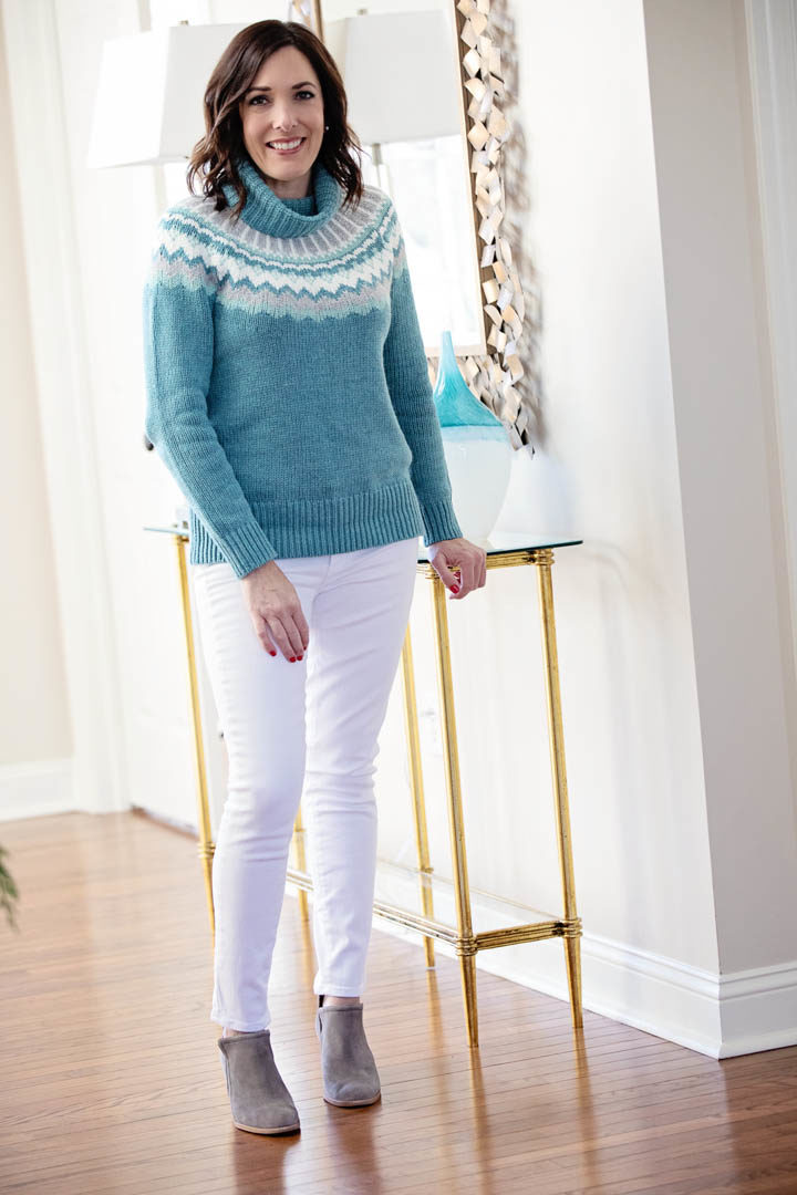How to Style a Fair Isle Sweater Outfit with White Jeans for Winter: Jo-Lynne Shane wearing LOFT Fairisle Turtleneck Sweater with Paige Verdugo Ankle Skinny Jeans and Jeffrey Campbell Vanhook Booties