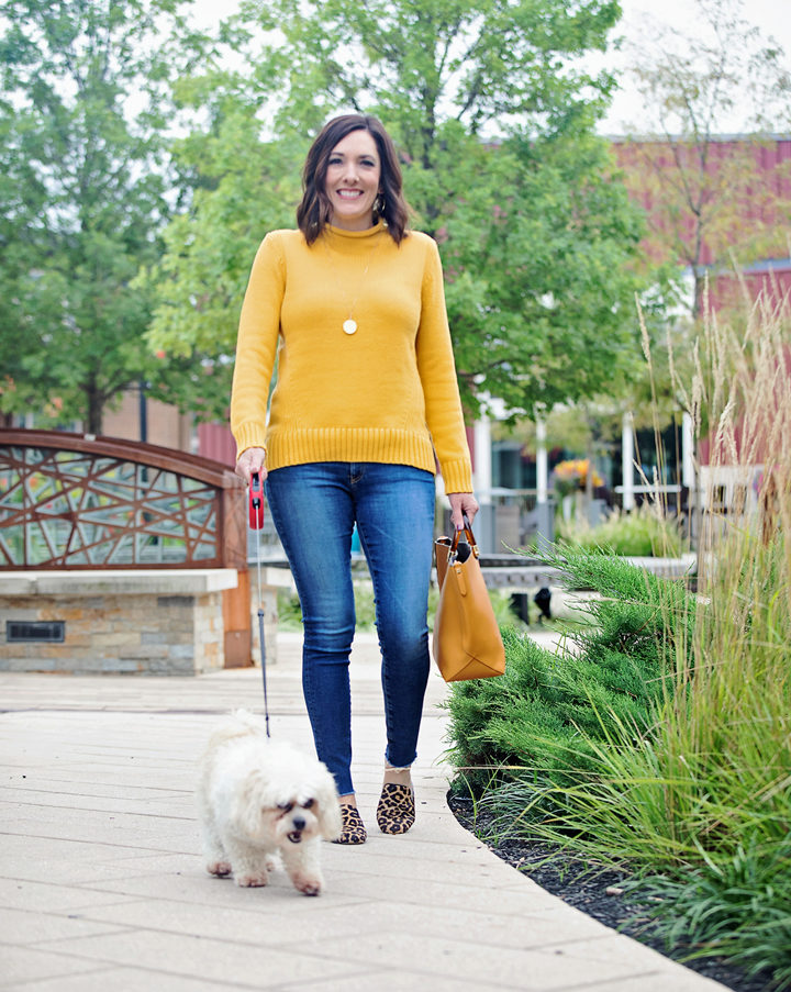 How to Wear Statement Shoes: Leopard Flats with yellow sweater and blue jeans