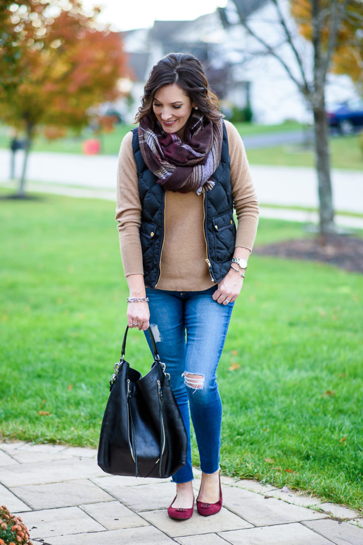 Jo-Lynne Shane wearing J.Crew Excursion quilted down vest with camel cashmere crewneck sweater, AG the legging ankle jeans, burgundy suede ballet flats, and plaid blanket scarf. #fashion #womensfashion #winteroutfit