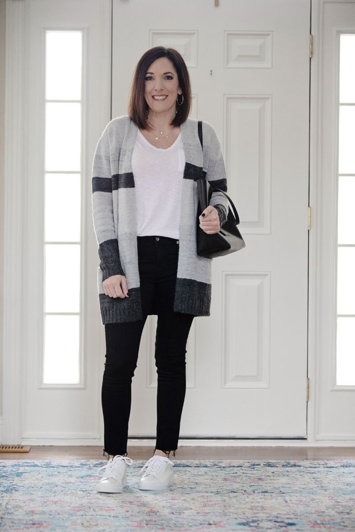 Jo-Lynne Shane wearing grey multi stripe Caslon Open Front Pocket Cardigan with Rag & Bone Raw Hem Ankle Skinny Jeans and Greats The Royale in Blanco. #fashion #womensfashion #outfit #winteroutfit #whatiwore 