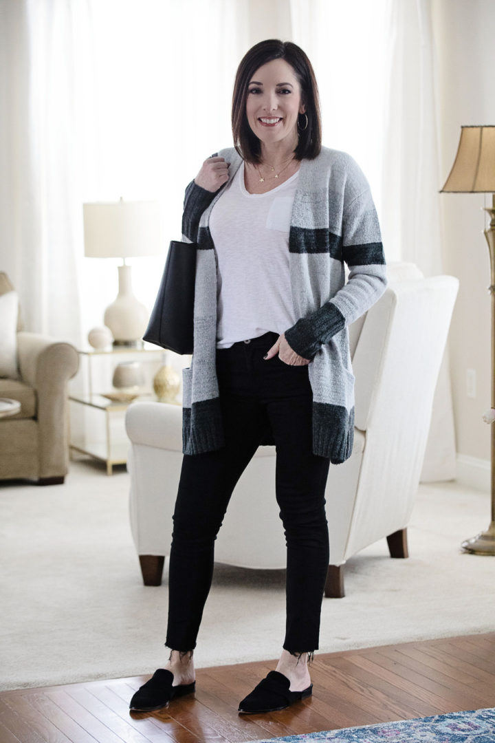 Jo-Lynne Shane wearing grey multi stripe Caslon Open Front Pocket Cardigan with Rag & Bone Raw Hem Ankle Skinny Jeans and black suede R Minkoff Mika Mules. #fashion #womensfashion #outfit #winteroutfit #whatiwore 