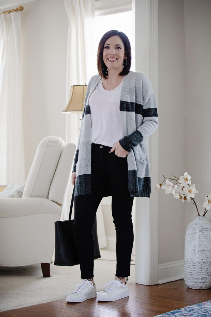 Jo-Lynne Shane wearing grey multi stripe Caslon Open Front Pocket Cardigan with Rag & Bone Raw Hem Ankle Skinny Jeans and Greats The Royale in Blanco. #fashion #womensfashion #outfit #winteroutfit #whatiwore 