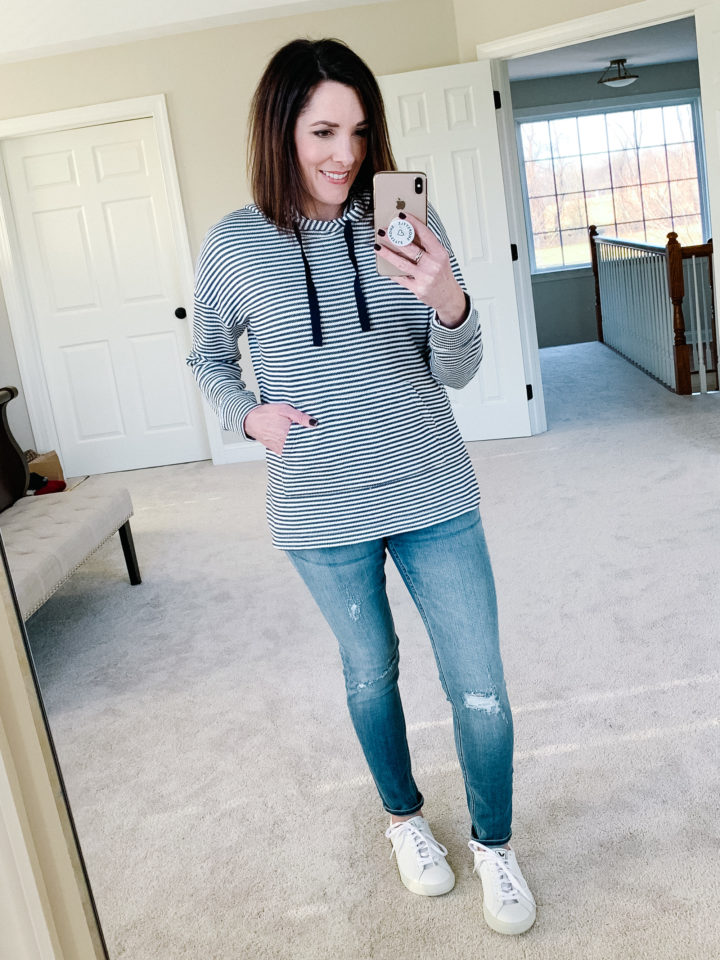 Jo-Lynne Shane wearing A New Day Striped Long Sleeve Knit Hoodie with Vigoss Jagger Ripped Skinny Jeans and Veja Esplar Sneakers