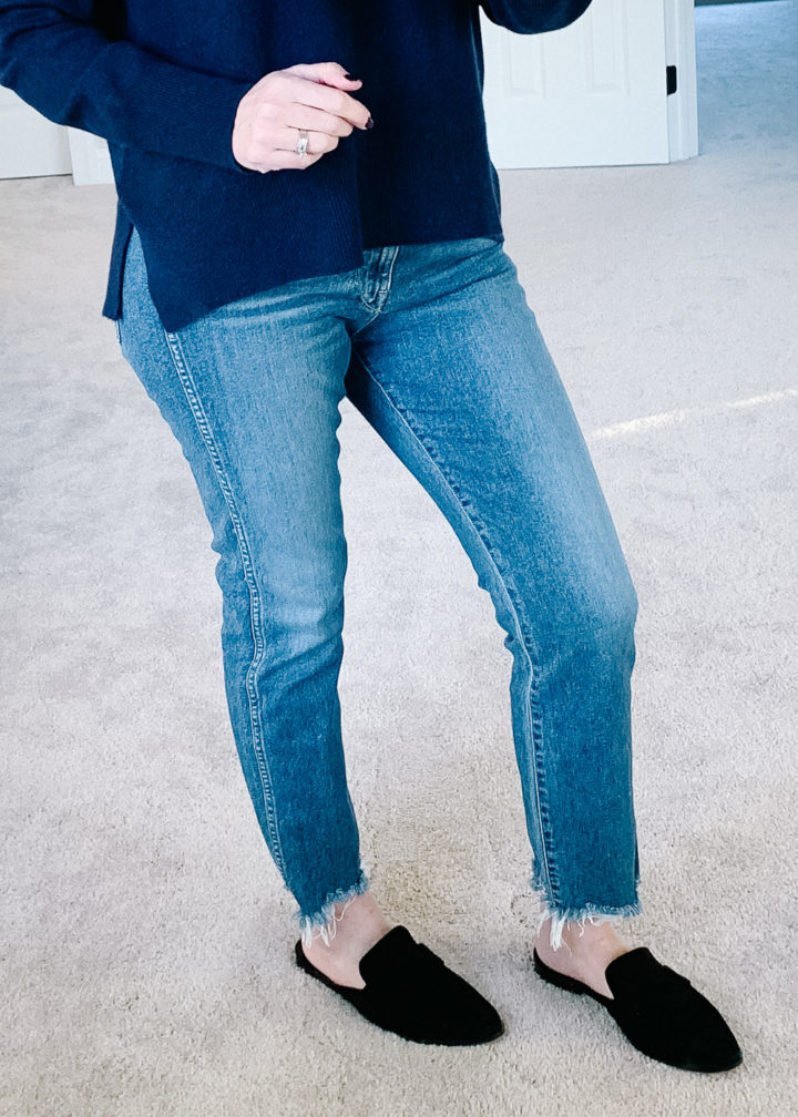 Jo-Lynne Shane wearing 3x1 Women's W3 Straight Authentic Crop Jeans with Veja Esplar Sneakers