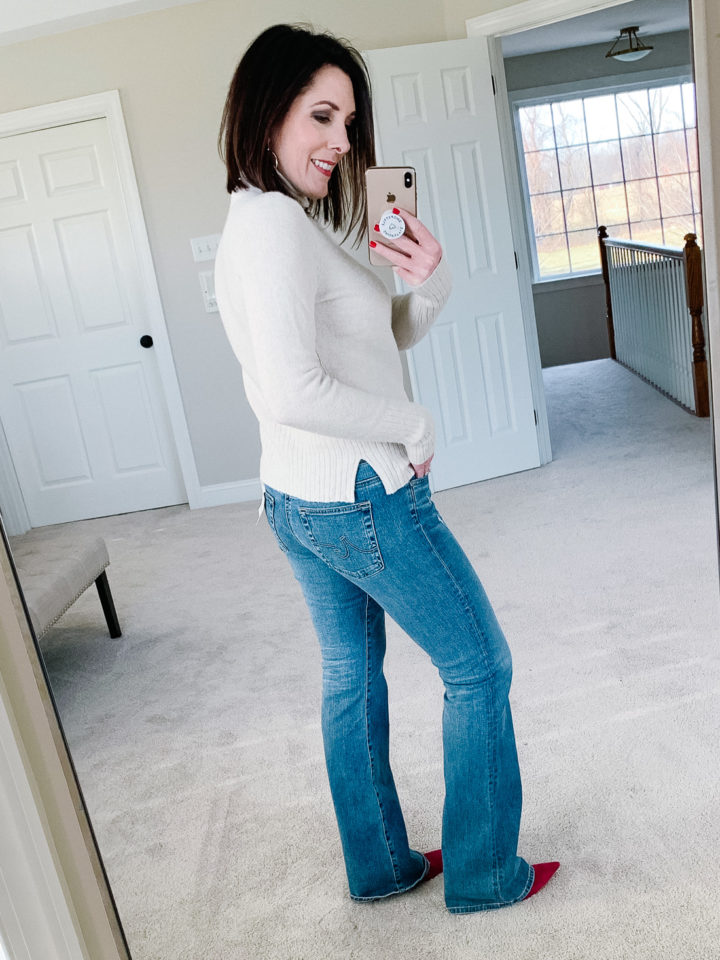 AG Angel Flare Jeans in 17Y Ceaseless Destructed with Madewell Inland Turtleneck Sweater and pink Sam Edelman Hazel Pumps 