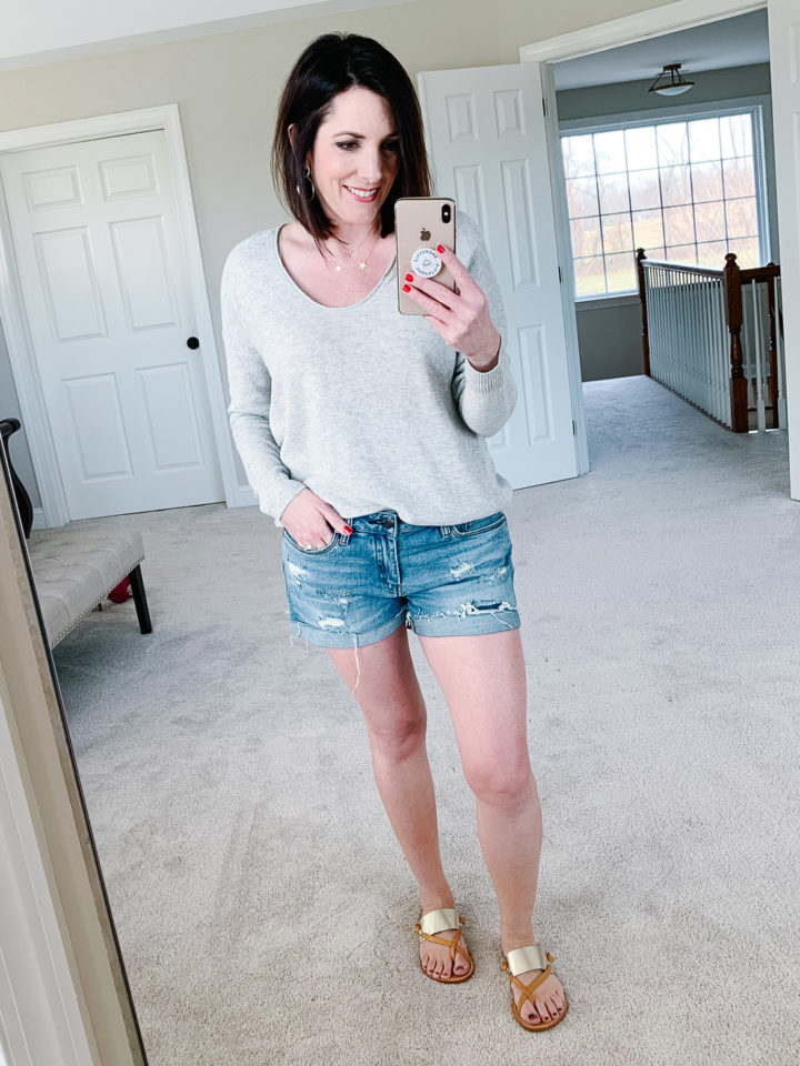 Jo-Lynne Shane wearing Madewell Kimball Sweater with BlankNYC Denim Cuffed Distressed Shorts and Soludos Slotted Thong Sandals