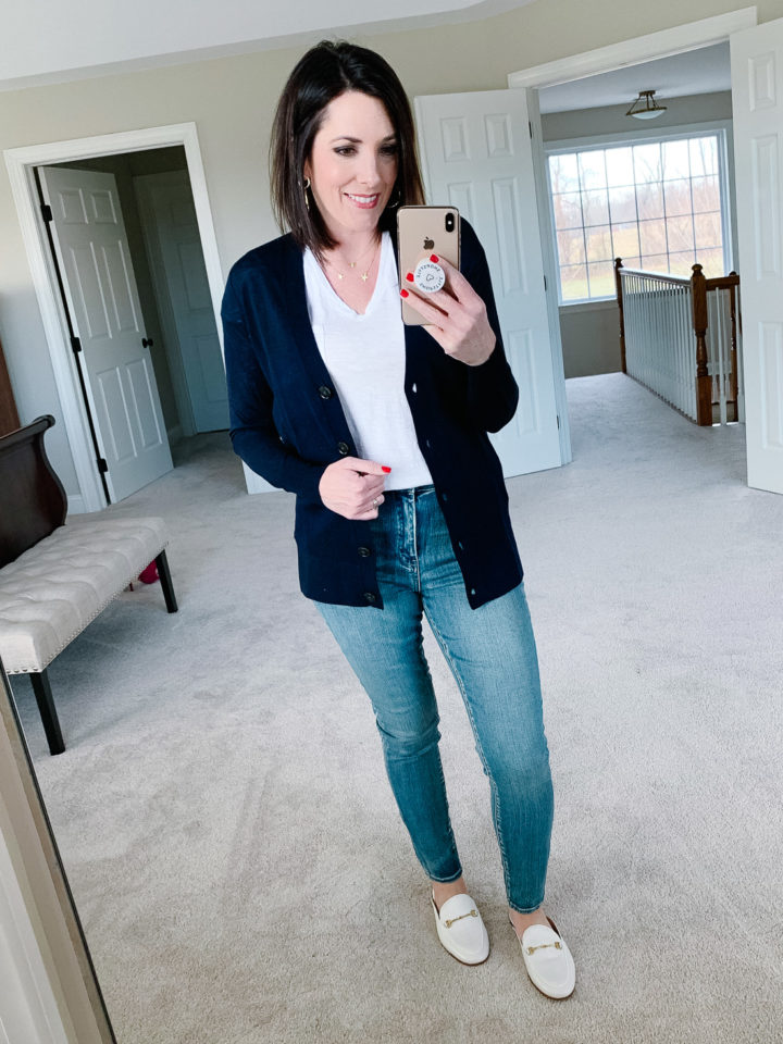 LOFT Boyfriend Cardigan in Nocturne Navy with Madewell Whisper Cotton V-Neck Pocket Tee, BlankNYC Classic Stretch Jeans, and Sam Edelman Linnie Leather Mules 