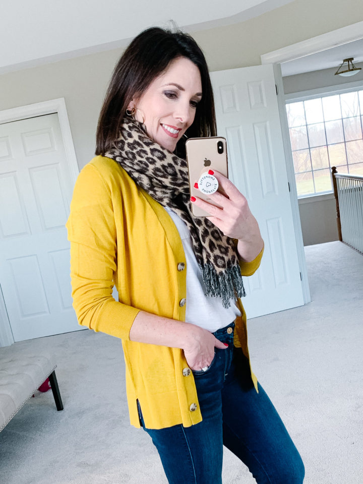 Jo-Lynne Shane wearing mustard yellow boyfriend cardigan with 7 For All Mankind Kimmie bootcut jeans and J.Crew wool blend leopard scarf