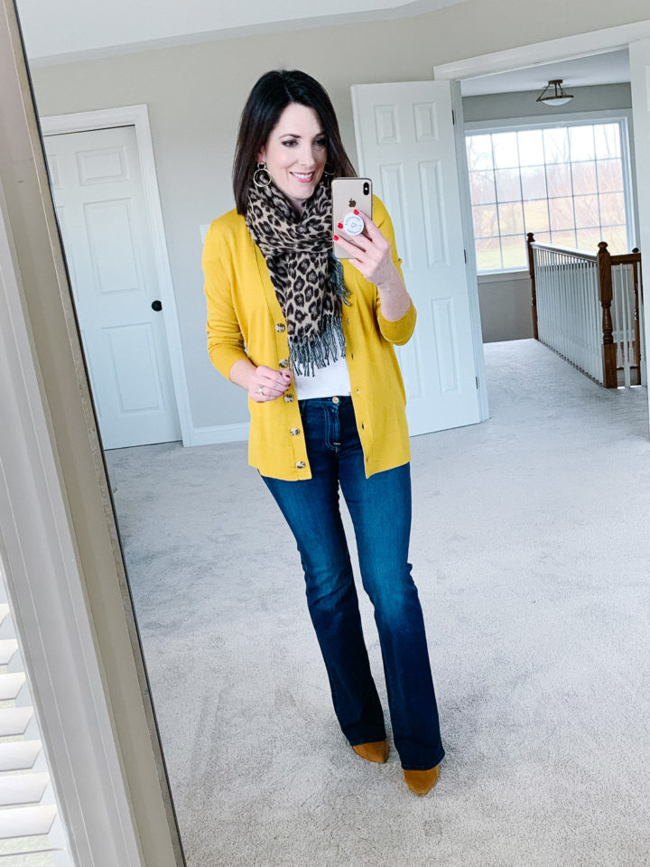 Jo-Lynne Shane wearing mustard yellow boyfriend cardigan with 7 For All Mankind Kimmie bootcut jeans and J.Crew wool blend leopard scarf