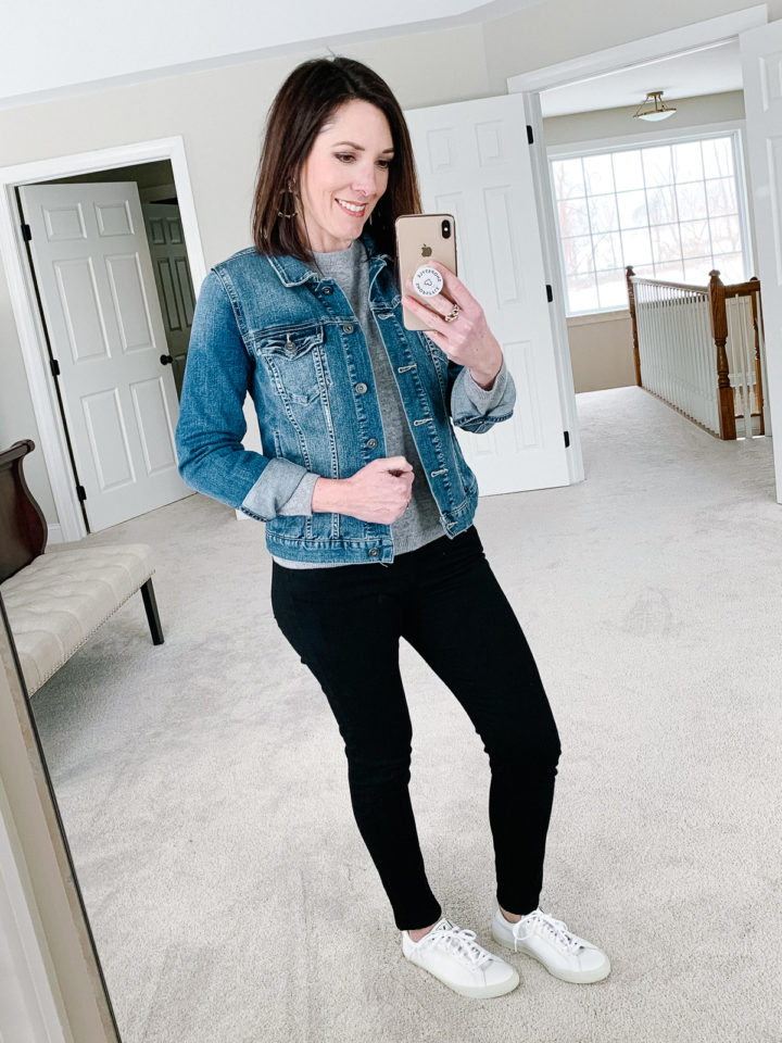 Jo-Lynne Shane wearing VEJA Esplar with black AG legging ankle jeans, Two by Vince Camuto Denim Jacket, and grey cashmere pullover