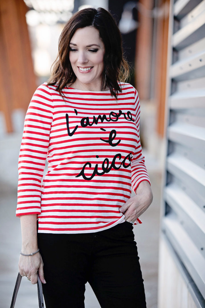 Jo-Lynne Shane wearing J.Crew "L'amore è cieco" striped boatneck T-shirt and J.Crew 9" high-rise skinny jean with button fly