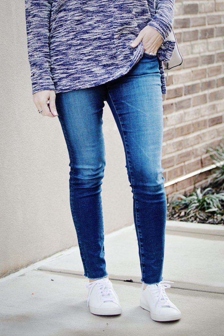 Casual Spring Transition Look: Loft Spacedye Textured Hoodie Top, AG Legging Ankle Jeans & Veja Esplar Sneakers