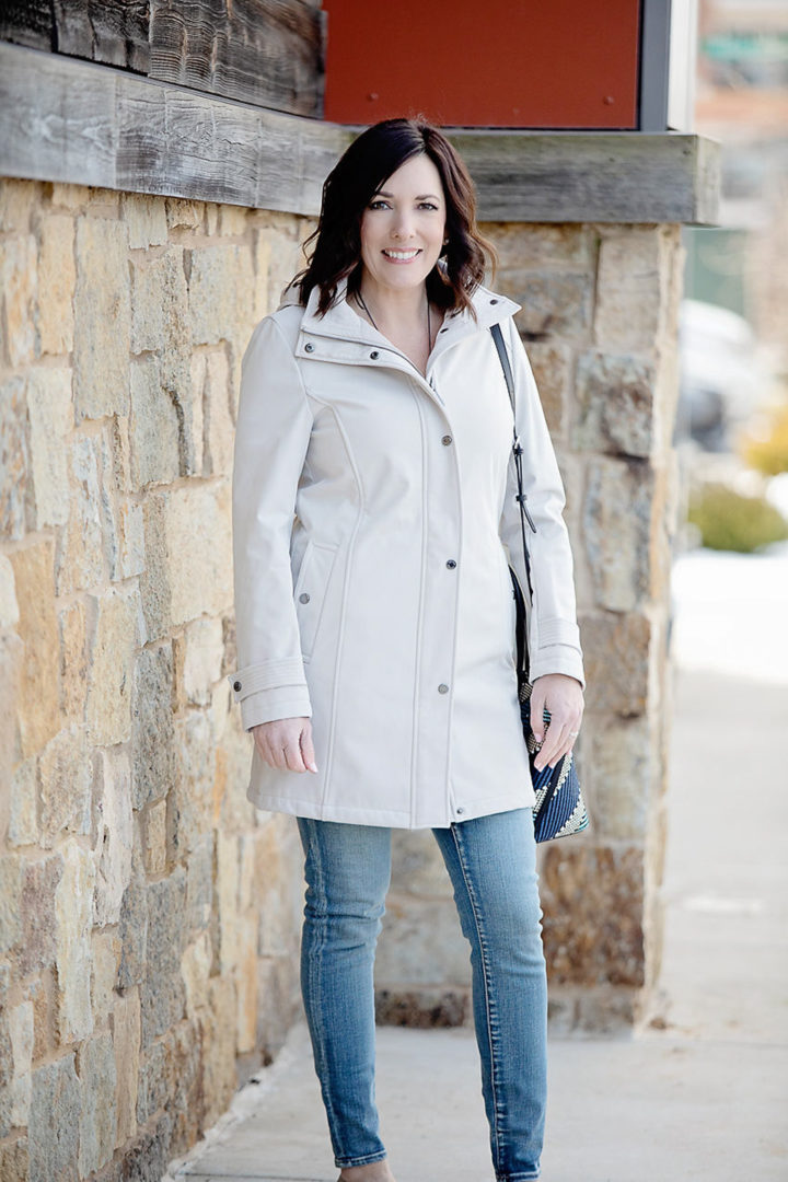 Jo-Lynne Shane wearing Calvin Klein Hooded Trench Coat with Blank NYC Classic Stretch Jeans