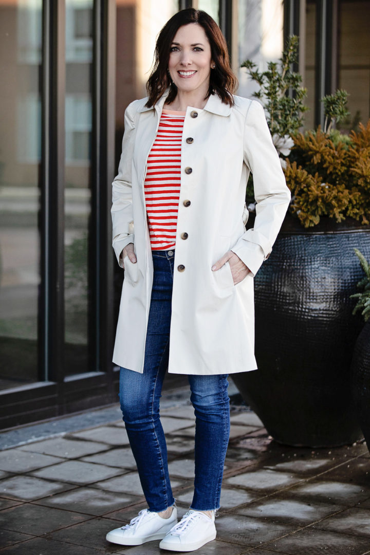 Spring Transition Look featuring LOFT Modern Trench Coat, J.Crew Contrast Slub Cotton Ringer T-shirt in Stripes, AG The Legging Ankle Jeans, and Veja Esplar Sneakers 