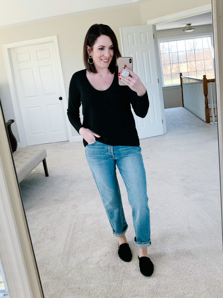 Jo-Lynne Shane wearing Madewell Kimball Sweater with Mother Tomcat High-Rise Straight-Leg Ankle Jeans and R Minkoff Mika Mules