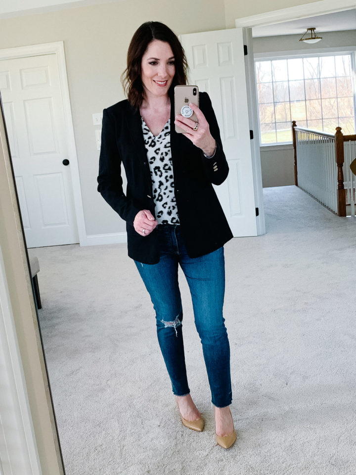 LOFT Knit Pocket Blazer with Banana Republic Leopard Print Pleated Drapey Tank, AG The Legging Ankle Jeans and nude Via Spiga pumps
