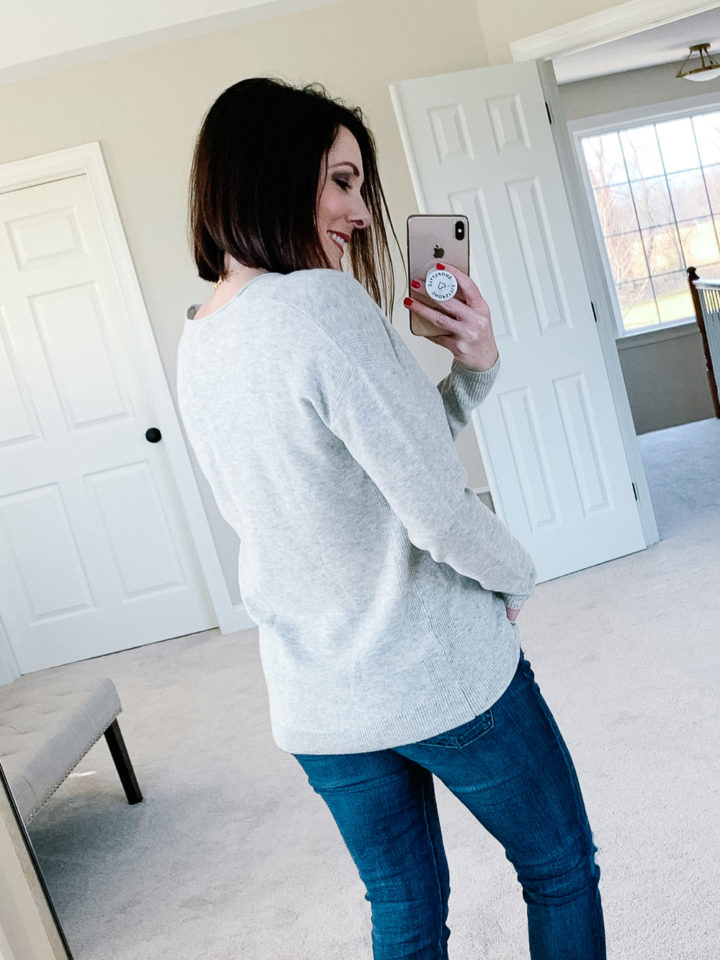 Jo-Lynne Shane wearing Madewell Kimball Sweater with AG The Legging Ankle Jeans and R Minkoff Mika Mules