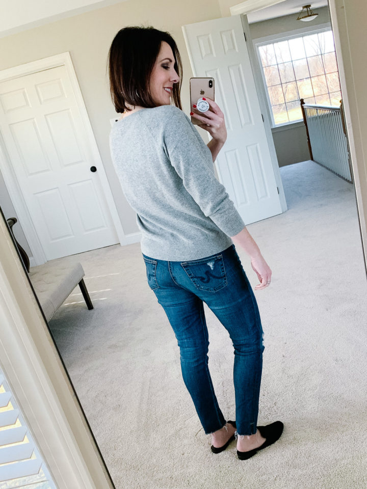 Everlane The Cashmere Ballerina Raglan with AG The Legging Ankle Jeans and R Minkoff Mika Mules