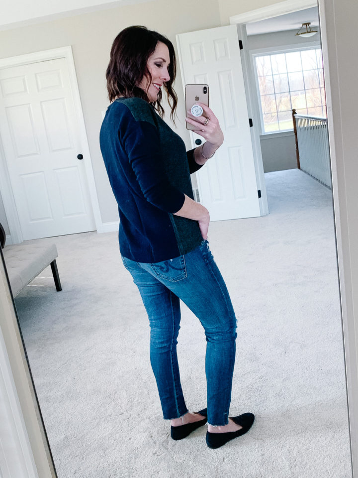 Jo-Lynne Shane wearing Madewell Colorblock Catalina Pullover with AG The Legging Ankle Jeans and J.Crew Suede Smoking Slippers
