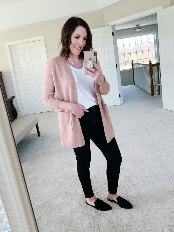 Jo-Lynne Shane wearing Madewell Kent Cardigan with J.Crew 9" high-rise skinny jeans, Caslon rounded U-Neck Tee, and Rebecca Minkoff Mika Mules
