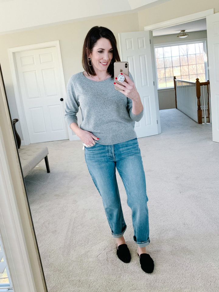 Everlane The Cashmere Ballerina Raglan with Mother Tomcat High-Rise Straight-Leg Ankle Jeans and R Minkoff Mika Mules
