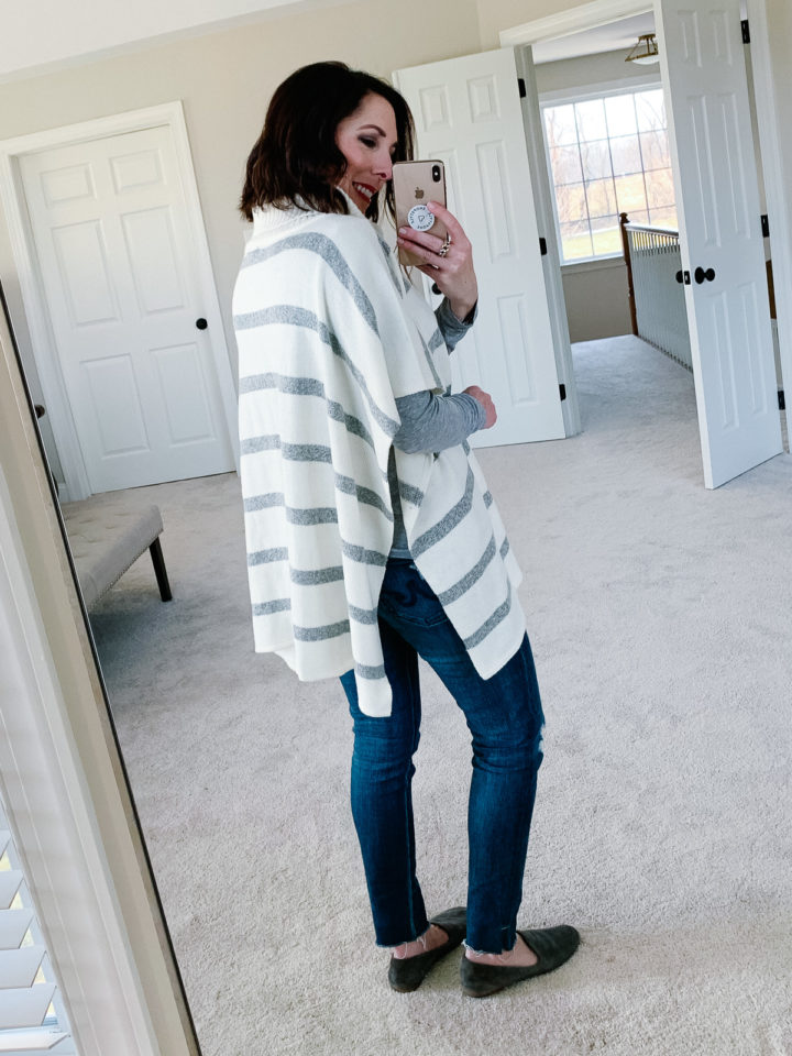 LOFT Striped Turtleneck Poncho Sweater with AG The Legging Ripped Ankle Jeans and Vince Milo Loafers 