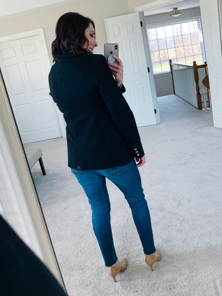 LOFT Knit Pocket Blazer with Banana Republic Leopard Print Pleated Drapey Tank, AG The Legging Ankle Jeans and nude Via Spiga pumps