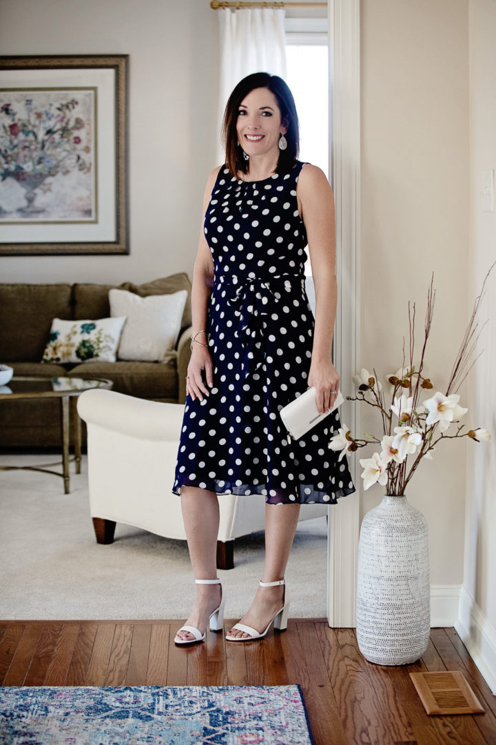 Spring Style with JCPenney: Polkadot Chiffon Fit & Flare Dress with white ankle strap sandals | Easter Dress | Spring Dress | Fashion for Women Over 40