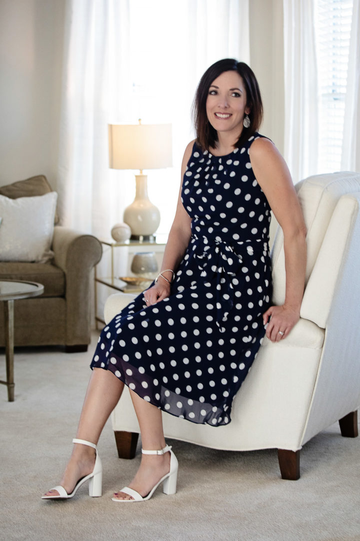 Spring Style with JCPenney: Polkadot Chiffon Fit & Flare Dress with white ankle strap sandals | Easter Dress | Spring Dress | Fashion for Women Over 40