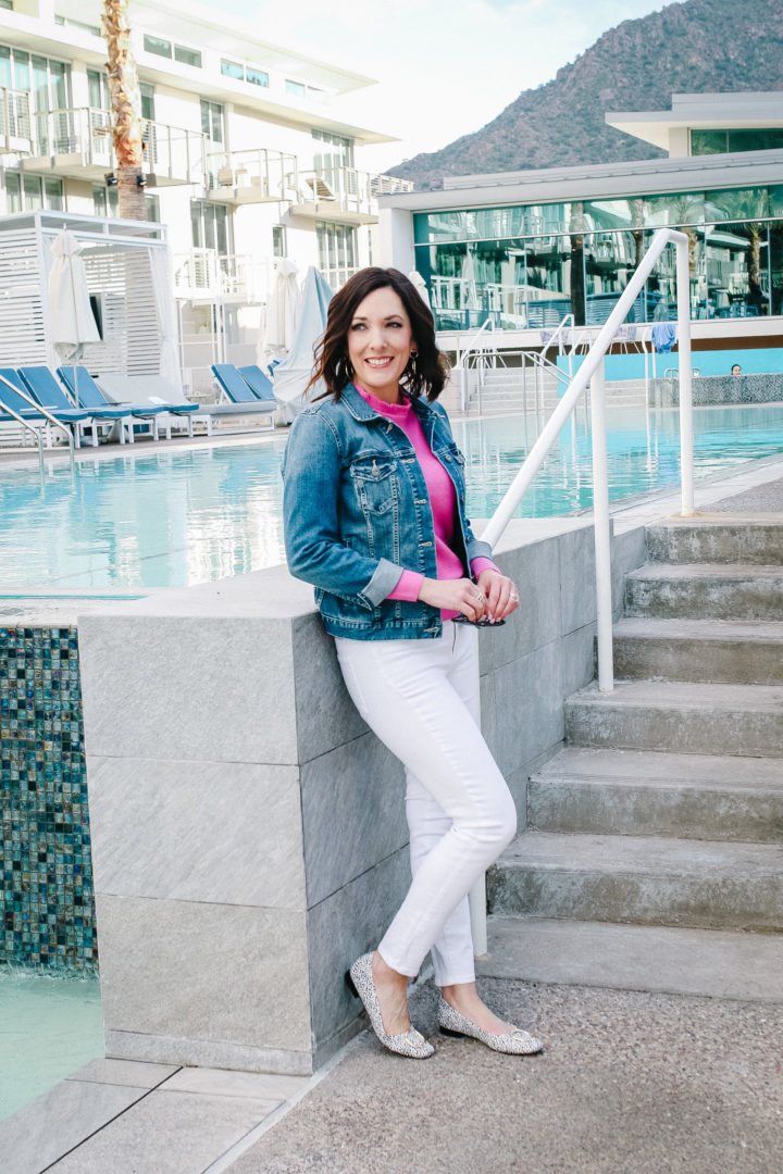 Jo-Lynne Shane wearing J.Crew Ruffle-neck pullover sweater with Vince Camuto Jean Jacket, PAIGE Verdugo Ankle Skinny Jeans, and Something Navy Lily Flats