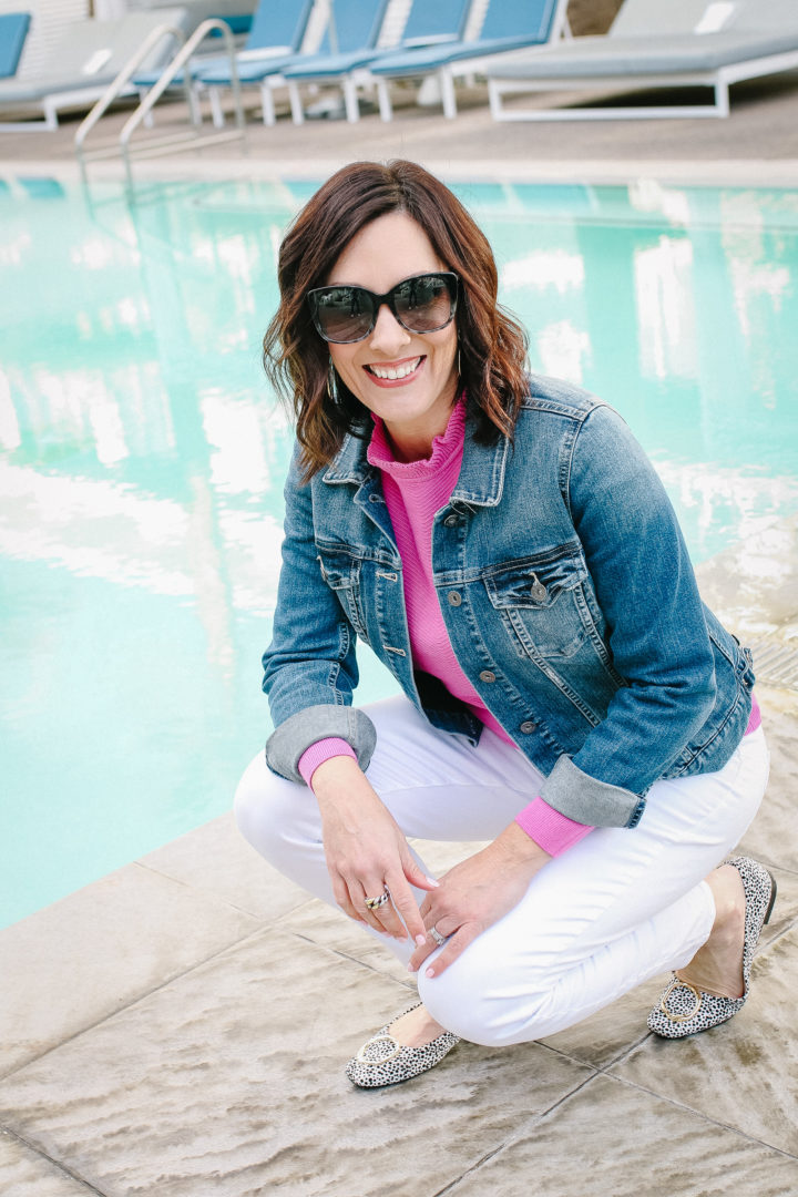 Jo-Lynne Shane wearing J.Crew Ruffle-neck pullover sweater with Vince Camuto Jean Jacket, PAIGE Verdugo Ankle Skinny Jeans, Something Navy Lily Flats, and Maui Jim Mele Polarized Sunglasses 